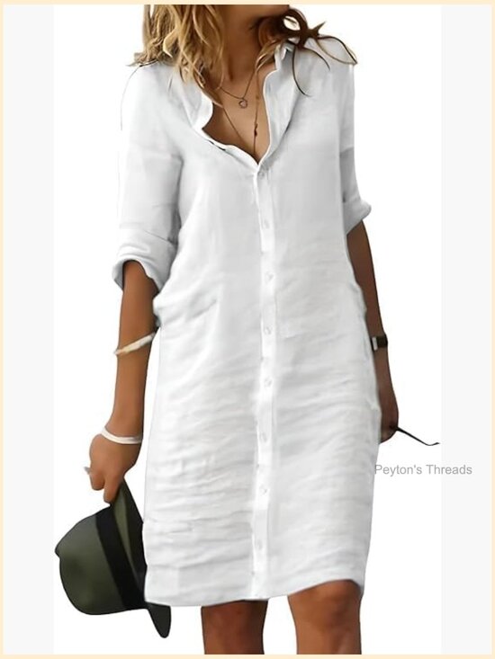 Dresses & Skirts - Women's Cotton Linen Midi Shirt Dress Button Down Half Sleeve V-Neck A-Line